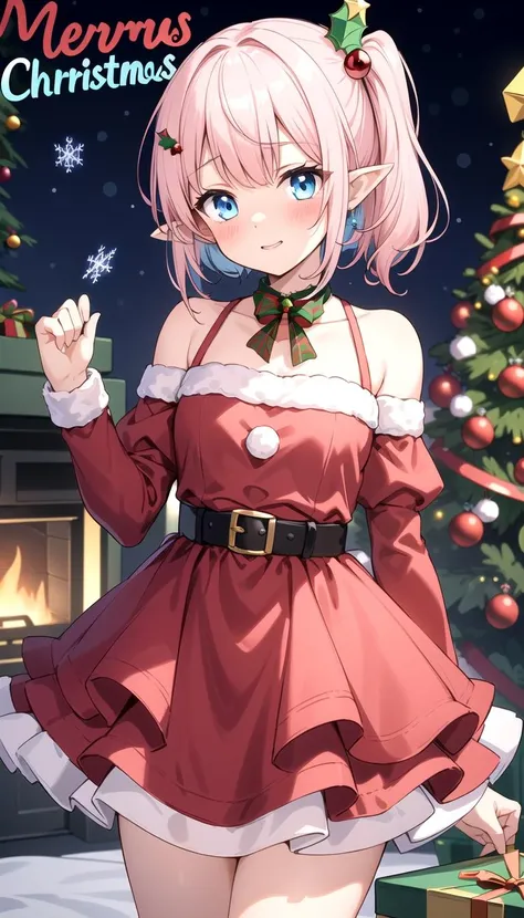 Happy, (Light pink hair:1.35), (Red Christmas dress:1.3), Christmas hair ornament, (glowing Christmas tree:1.3), (blush:1.2), Innocent, (shy:1.2), cute, Flat, Medium hair, Skirt, masterpiece, best quality, Side ponytail, (gradient hair:1.0), white horns, Pointy ears, layered, frills, bare shoulders, sleeves, (Light blue hair:1.2), (Glowing sign text:1.3), Blue eyes