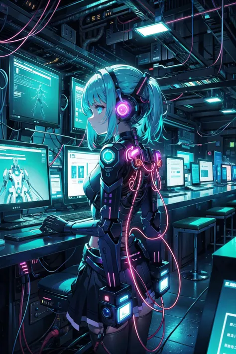 (masterpiece),  1girl,  science fiction,  glowing,  colorful,  cables,  screen