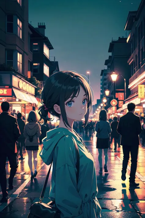 (masterpiece),  1girl,  evening,  street,  crowd