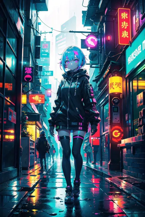 (masterpiece),  1girl,  glowing,  colorful,  cyberpunk,  street