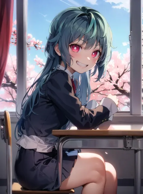 bbkohina, long hair, evil grin, sitting, classroom, open window, cherry blossoms, river