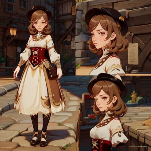 (masterpiece, best quality),(depth) of (field), simple backgroung, one color background,<lora:CharacterDesign_Concept-10:0.6> CharacterSheet, (multiple views, full body, upper body, profile, reference sheet:1), <lora:Genshin-LoRA-V2:0.8> <lora:MargaretNPC:0.8> margaret, brown_hair, puffy_sleeves, bangs, corset, hat, brown_eyes, adult
