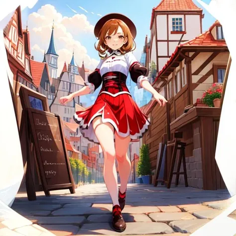 (masterpiece, best quality),(depth) of (field),  <lora:GachaSplash4:1>[(white background:1.5)::5], isometric,mid shot, full body,<lora:MargaretNPC:0.8> 1girl, margaret, brown_hair, puffy_sleeves, bangs, corset, hat, brown_eyes, smile, choker, red_skirt, happy, wind, german_buildings, coffee_shop, adult