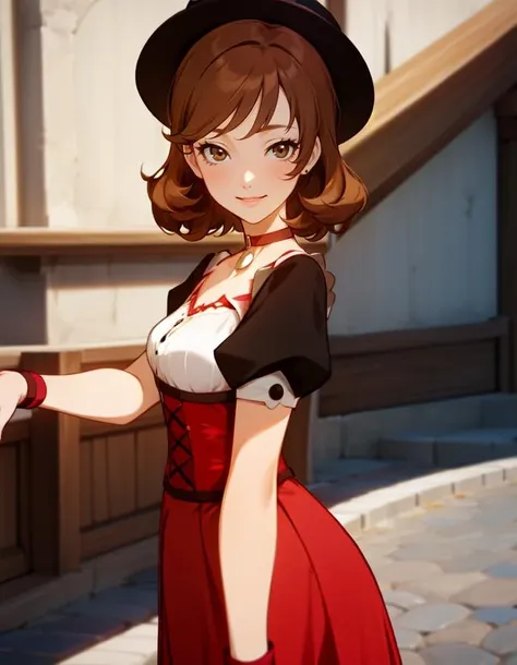 (masterpiece, best quality),(depth) of (field), <lora:MargaretNPC:0.8> 1girl, margaret, brown_hair,light_hair, puffy_sleeves, bangs, corset, hat, brown_eyes, smile, choker, red_skirt, adult