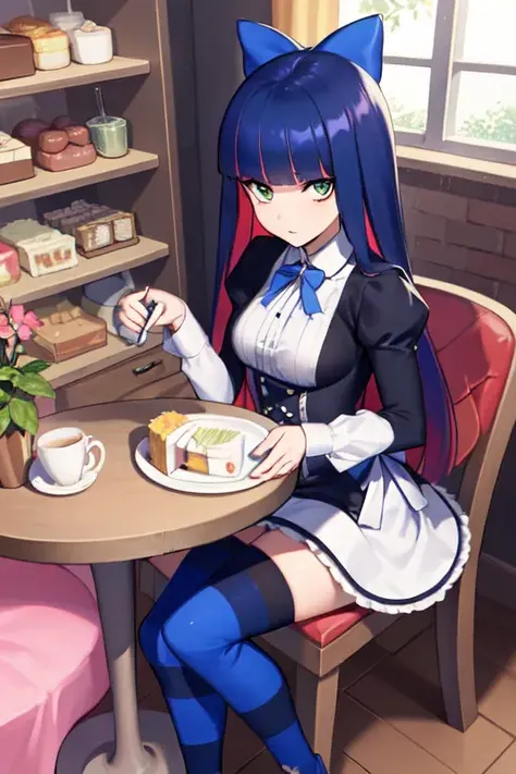 ((extreme detail)),(ultra-detailed),(painting), chiaroscuro, extremely detailed CG unity 8k wallpaper, best quality, <lora:Stocking-PSG:0.7>anarchy stocking, gothic dress, black striped thighhighs, hair bow, striped sword, mary janes, head turn, looking at viewer, expressionless, hands on chair, sitting, full body, chair, table, stuffed toy, plate, teacup, food, doughnut, cake slice, spoon, window, menu board, display case
