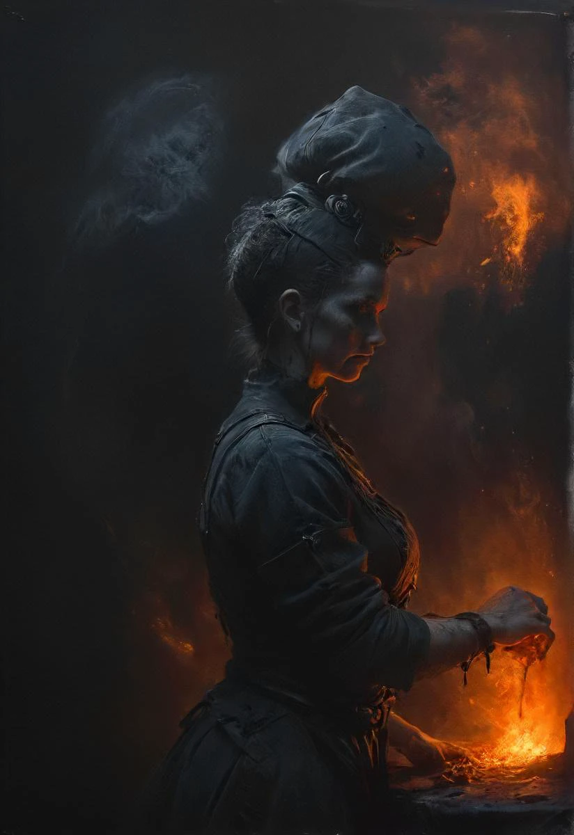 nighttime, a sweaty dirty messy ancient grey (old:1.2) hag (working:1.3) female granny witch (blacksmith:1.3) hidden in shadow with glowing hot iron contrast tattoos (hammering:1.2) forcefully a piece of (hot glowing:1.2) iron machinery, dark workshop backdrop, apron, red sparks, (high contrast:1.2), shadows, glowing lights on skin, extremely (dark background,:1.2), labor, dark scene,intricate, detailed, backlight, sleep, dusk, <lora:- SDXL - frzrenit_red_hot_nitro_V2.0:0.8> <lora:- SDXL - vant_blk_contrast_V2.0:1>