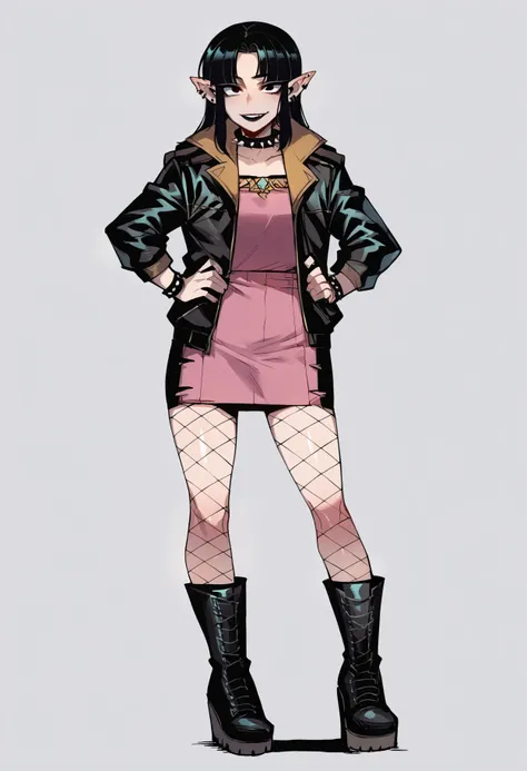 score_9, score_8_up, score_7_up, score_6_up, score_5_up, score_4_up, BREAK, source_anime,
1girl, goth princess zelda, black hair, black lips, fishnet stockings, high platform boots, spiked collar, jacket,
hands on hips, standing, smile, looking at viewer, solo, simple background, white background <lora:Ratatatat74XLLocon:1>