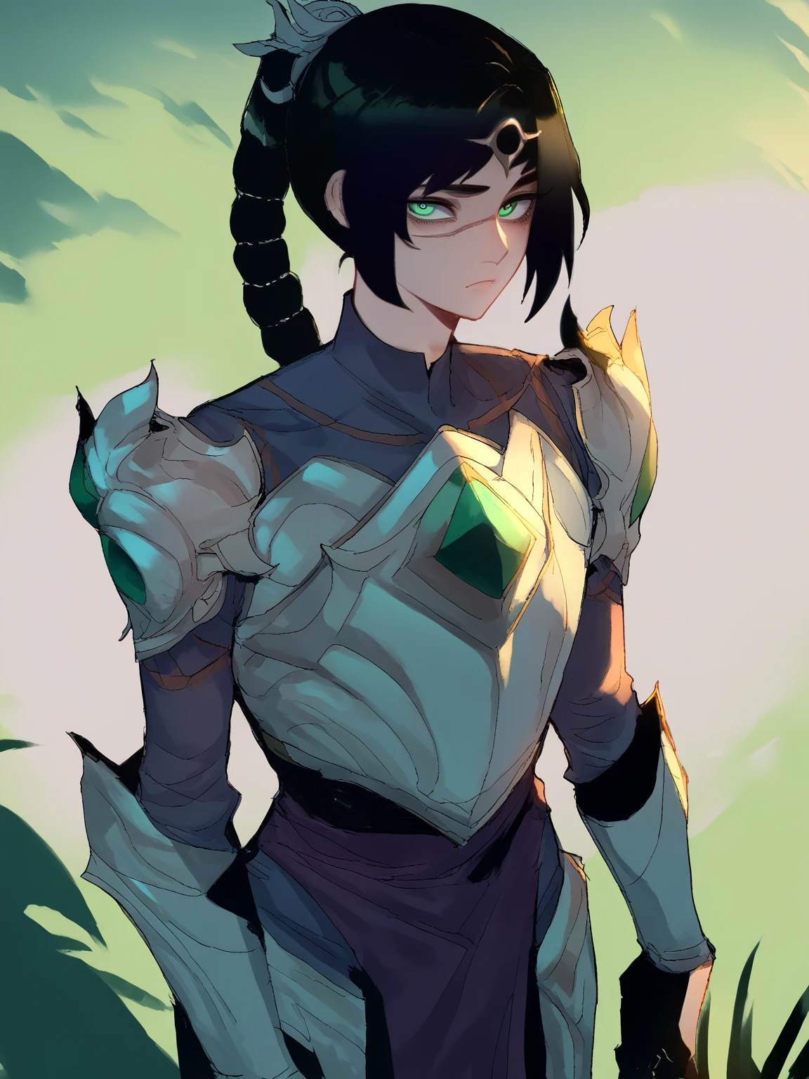 score_9, score_8_up, score_7_up, score_6_up, score_5_up, score_4_up, BREAK, source_anime, 1girl, solo, shadowheart, black hair, braided ponytail, green eyes, scar on face, circlet, looking at viewer, armor, standing, grass, meadow background <lora:ShadowHeartXL:0.8> <lora:Ratatatat74XLLocon:1>
