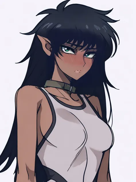 score_9, score_8_up, score_7_up, score_6_up, score_5_up, score_4_up, BREAK, anime coloring, retro artstyle,
1girl, arshesnei, black hair, long hair, green eyes,  pointy ears, dark skin, leotard, medium breasts, collar,
upper body, blush, horny, looking at viewer, solo, simple background, white background, sketch     <lora:ArshesNeiXL:1> <lora:Ratatatat74XLLocon:1.2> <lora:autismlorabf16:-0.5>