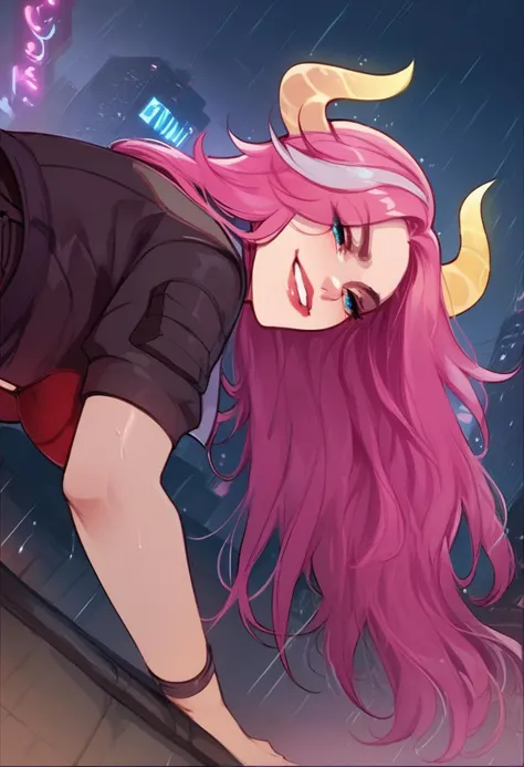 score_9, score_8_up, score_7_up, yellow glowing horns, blue eyes, 1girl, ultra detailed, city lights, large breasts, long hair, rain, neon lights, wet, pink hair, crop jacket, crop top,, midriff, stern look, shorts, bent over, looking over ou, shot from below, grin, face close up