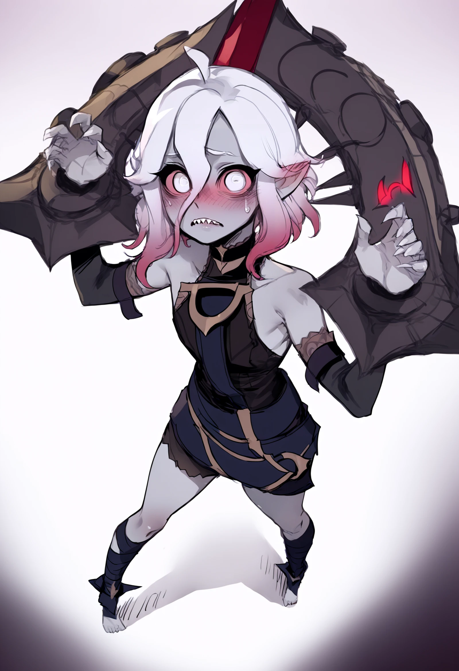score_9, score_8_up, score_7_up, score_6_up, score_5_up, score_4_up, BREAK, source_anime, sketch,
1girl, briar, white eyes, colored sclera, white hair, gradient hair, short hair, hair between eyes, ahoge, pointy ears, sharp teeth, grey skin,
shackles, bare shoulders, detached sleeves,
standing, blush, embarassed, looking at viewer, solo, simple background, white background <lora:BriarXL:1> <lora:Ratatatat74XLLocon:1>