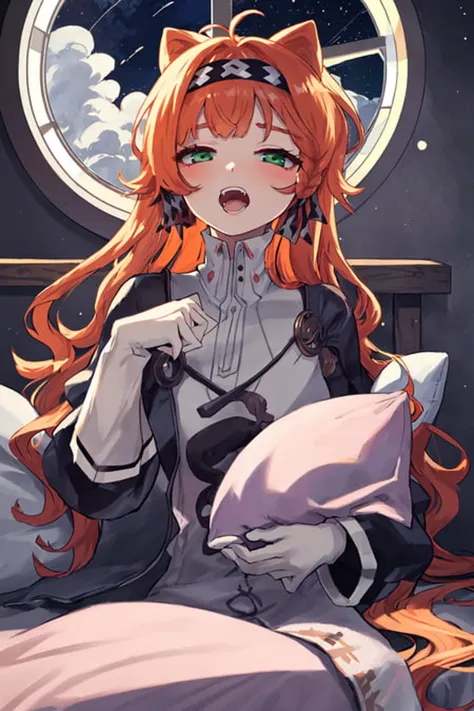 Original Characters, Natural Volumetric Lighting And Best Shadows, Deep Depth Of Field, Sharp Focus, Portrait Of Stunningly Beautiful Petite Girl, Soft Delicate Beautiful Attractive Face With Alluring Dark Green Eyes, Lovely Small Breasts, Sharp Eyeliner, (Yawning And Out Half Closed Eyes:1.05), Open Mouth With Cute Fangs, Windswept Disheveled Orange Hair, Thick Layered Medium Hairstyles, Blush Eyeshadow With Thick Eyelashes, Parted Lips, Cute Kigurumi Pajamas, (Huging Long Pillow:1.1), (Sitting On Moon/Stars/Clouds Patterned Lovely Duvet Bed:1.2), (Loft Bedroom Under Circular Window:1.15), (Highest Quality, Amazing Details:1.4), Masterpiece, Bloom, Picturesque, Brilliant Colorful Paintings ,<lora:Sonetto_locon:1>