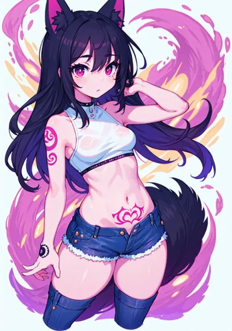 art by (slugbox:1.1), 1girl, full-body view, (small breasts:1.5), wide hips, thick thighs, punk bad girl, fox ears, official art,vivid color,finely detailed,hyper detailed, 8k ,high resolution illustration,Masterpiece,best quality,intricate_detail, (muscular legs:0.5), denim shorts, tattoos, crop top,
<lora:nijiStyle:0.4>