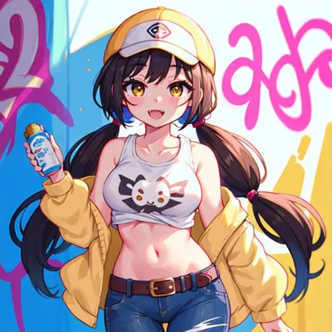 Original Characters, Natural Volumetric Lighting And Best Shadows, Deep Depth Of Field, Sharp Focus, Portrait Of Stunningly Beautiful Petite Girl, Soft Delicate Beautiful Attractive Face With Alluring Yellow Eyes, Lovely Small Breasts, Sharp Eyeliner, Seductive Smiling, Open Mouth With Cute Fangs Out, Windswept Disheveled Brown Hair, Thick Layered Medium Twintail Hairstyles, Blush Eyeshadow With Thick Eyelashes, Parted Lips, Applejack Hat, Oversized Pop-Art Jacket, Mini Underboob Tee, Slim Waist With Open Cute Navel, Denim Jeans Pants With Buckle Belt, (Messy Painted Body:1.05), (Holding Spray Paint Can:1.1), (Graffiti Murals Wall Background:1.15), (Standing On Narrow City Streets Crossword:1.2), (Highest Quality, Amazing Details:1.4), Masterpiece, Bloom, Picturesque, Brilliant Colorful Paintings <lora:nijiStyle:0.4>