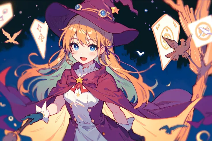 ((masterpiece:1.2, best quality)), 1girl, solo, (witch hat), blonde hair, long hair, dress, aurora, night, star (sky), gloves, sky, white dress, night sky, open mouth, starry sky, blue eyes, ribbon, very long hair, red dress, smile, hair ribbon, cape, blue hair, (bird), magic, casting spell, dark clouds, night, (impressionism:1.4), (tarot:1.3), alphonse mucha,<lora:nijiStyle:0.4>