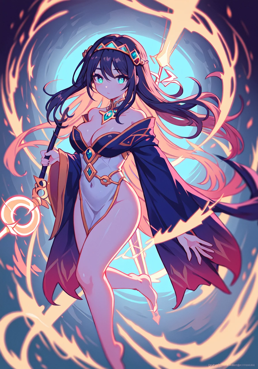 A digital illustration of a (mysterious:1.2) and (enigmatic:1.2) sorceress standing on the edge of a (glowing:1.2) portal, her eyes fixed on a (distant:1.1) horizon. She is dressed in a (voluminous:1.2) robe adorned with (intricate:1.1) patterns and (symbols:1.2) of magic, and her long, (luxurious:1.2) hair is held in place by a (sparkling:1.1) headband. In her hand, she holds a (glowing:1.2) staff, its (ethereal:1.2) energy swirling around her. Behind her, the portal leads to a (colorful:1.2) and (vibrant:1.1) landscape, filled with (exotic:1.1) plants and (fantastical:1.2) creatures. The image is rendered with a (smooth:1.1) and (sharp:1.1) focus, evoking a sense of (power:1.2) and (mystery:1.2). The overall effect is one of a (striking:1.2) and (mesmerizing:1.2) image, capturing the essence of the sorceress and her magical world.<lora:nijiStyle:0.4>
