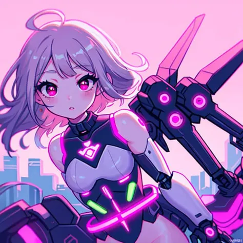 Original Characters, Neon Ambient Lighting And Best Shadows, Deep Depth Of Field, Sharp Focus, Portrait Of Stunningly Beautiful Petite Girl, Soft Delicate Beautiful Attractive Face With Alluring Red Eyes, Lovely Small Breasts, Sharp Eyeliner, Looking At Other, Expressionless With Half Closed Eyes, Windswept Disheveled White Hair, Thick Layered Medium Hairstyles, Blush Eyeshadow With Thick Eyelashes, Parted Lips, Fedora Hat, Cybernetic Metallic Body Suit, Prosthetic Mechanical Foot, Tight Hips And Firm Buttocks, (Futuristic Hover Bike:1.15), (Cyberpunk City Street With Pink Neon Sign:1.05), (Pink Cloud Skyline:1.2), (Highest Quality, Amazing Details:1.4), Masterpiece, Neon Lighting, Picturesque, Pink Theme Paintings <lora:nijiStyle:0.4>