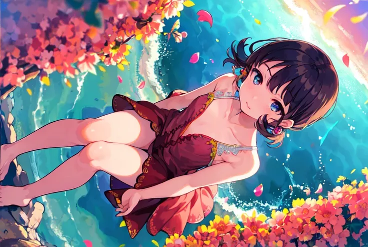 Dynamic angle,upperbody, (falt color:1.3),(full body:1.2),(look at the viwer:1.8),colorful,(floating colorful wind),(Highest picture quality),(Master's work), (Detailed eye description),(macro shot:1.25),(8K wallpaper),(Detailed face description),depth of field,(lens flare),floating colorful water,floating rain,stream,wilderness,small dust, ((breeze)), (floating wind),summer,sunset, horizon,(blurry background), road by the sea,Mountains and forests,water,wading,partially_submerged,(Strong sunlight:1.2),(Altocumulus:1.2),bird, butterfly, falling petals,(close-up:1.2),(fisheye:1),1girl, dark hair, eyes,detailed beautiful eyes, earings, (intricate clothes:1.3),(flat chest:1.2),short skirt, red dress, ruqun,bare shoulders,(short dress),(from above:1.8),full body,