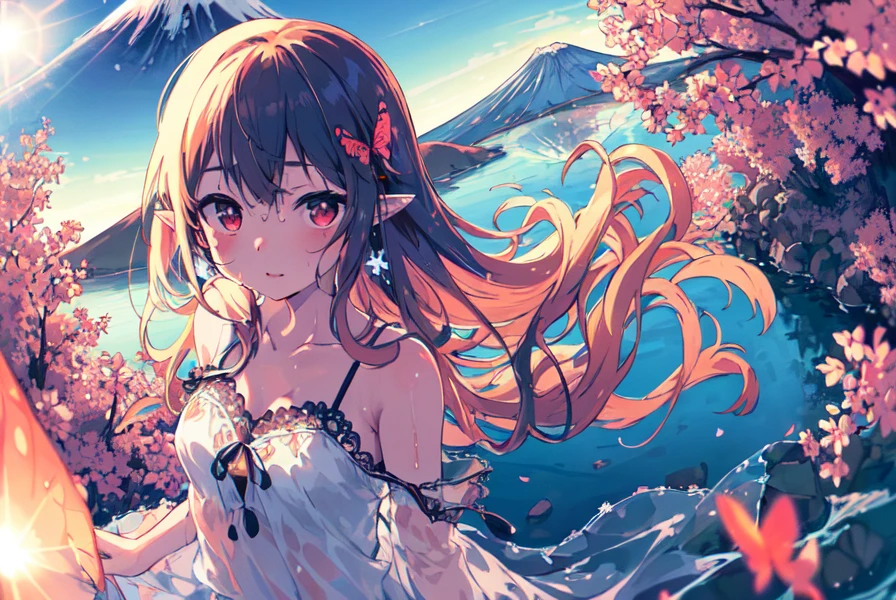 [(white background:1.3)::3],Dynamic angle,Bottle bottom,(falt color:1.2),(look at the viwer:1.3),colorful,floating wind,(Highest picture quality), (Master's work), (Detailed eye description),(macro shot:1.25),(8K wallpaper), (Detailed face description),depth of field,(lens flare), floating water, (mount fuji:1.3),floating rain,stream,wilderness,small dust, ((breeze)), wind, summer, sunset,(blurry background), road by the sea,Mountains and forests,water,wading,partially_submerged,(Strong sunlight:1.2),(Altocumulus:1.2), butterfly, falling petals,(standing:0.85), (close-up:0.8),(fisheye:1.2), (1loli:1.2),small breasts, long hair,hair ornament,detailed beautiful eyes, earings,(intricate clothes:1.3), short skirt,bare shoulders, (dress), (satin,plunging_neckline,sleeveless,translucent,wet clothes:1.2),collarbone,pointy ears, red eyes,(from above:1.2)
