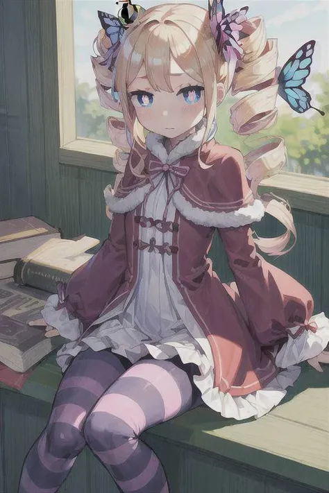 (masterpiece:1.4), (Best quality:1.2), (highres:1.2), (scenary:1.2), Dynamic light, 4k, 8k, look at viewer, bookshelf, depth of field, cute, beatrice, blonde hair, blue eyes, (butterfly-shaped pupils:1.5), drill hair, long hair, bangs, symbol-shaped pupils, twin drills, sidelocks, (Sitting in high place), cute, adorable, (Oily skin), smile, embarrassed, bow, capelet, crown, dress, frilled bow, frills, fur trim, fur-trimmed capelet, long dress, long sleeves, mini crown, pantyhose, red capelet, sleeves past wrists, striped, striped pantyhose,