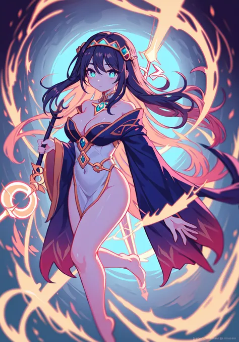 A digital illustration of a (mysterious:1.2) and (enigmatic:1.2) sorceress standing on the edge of a (glowing:1.2) portal, her eyes fixed on a (distant:1.1) horizon. She is dressed in a (voluminous:1.2) robe adorned with (intricate:1.1) patterns and (symbols:1.2) of magic, and her long, (luxurious:1.2) hair is held in place by a (sparkling:1.1) headband. In her hand, she holds a (glowing:1.2) staff, its (ethereal:1.2) energy swirling around her. Behind her, the portal leads to a (colorful:1.2) and (vibrant:1.1) landscape, filled with (exotic:1.1) plants and (fantastical:1.2) creatures. The image is rendered with a (smooth:1.1) and (sharp:1.1) focus, evoking a sense of (power:1.2) and (mystery:1.2). The overall effect is one of a (striking:1.2) and (mesmerizing:1.2) image, capturing the essence of the sorceress and her magical world.<lora:nijiStyle:0.4>
