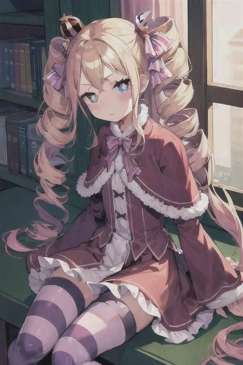 (masterpiece:1.4), (Best quality:1.2), (highres:1.2), (scenary:1.2), Dynamic light, 4k, 8k, look at viewer, bookshelf, depth of field, cute, beatrice, blonde hair, blue eyes, (butterfly-shaped pupils:1.5), drill hair, long hair, bangs, symbol-shaped pupils, twin drills, sidelocks, (Sitting in high place), cute, adorable, (Oily skin), smile, embarrassed, bow, capelet, crown, dress, frilled bow, frills, fur trim, fur-trimmed capelet, long dress, long sleeves, mini crown, pantyhose, red capelet, sleeves past wrists, striped, striped pantyhose,