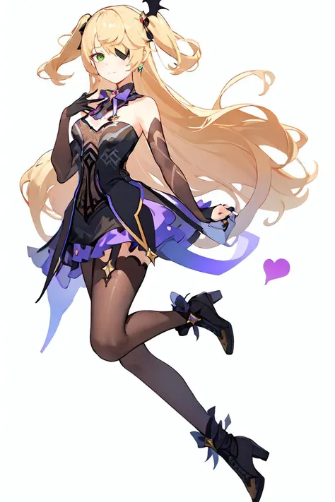 <lora:fischl1-000008:1> (fischlrnd:1.3),  fischl_(genshin_impact), 1girl, alternate_costume, bag, black_bow, black_bowtie, black_footwear, black_gloves, black_skirt, blonde_hair, blush, boots, bow, bowtie, closed_mouth, detached_sleeves, dress, earrings, eyepatch, fingerless_gloves, full_body, gloves, green_eyes, grey_background, grey_pantyhose, heart, heart_earrings, jewelry, lolita_fashion, long_hair, looking_at_viewer, pantyhose, purple_dress, purple_sleeves, shoulder_bag, simple_background, skirt, solo, very_long_hair