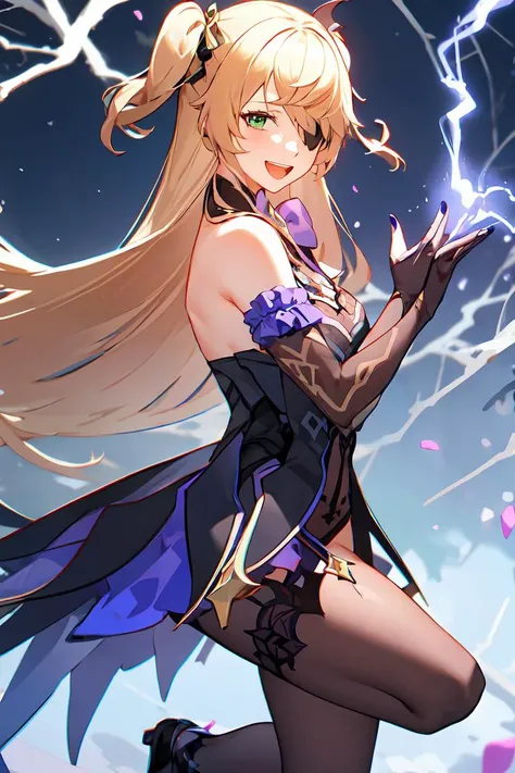 <lora:fischl1-000008:1> fischldef, fischl_(genshin_impact), 1girl, :d, bare_shoulders, blonde_hair, bow, bowtie, breasts, bridal_gauntlets, elbow_gloves, eyepatch, garter_straps, gloves, green_eyes, hair_over_one_eye, leotard, lightning, long_hair, looking_at_viewer, medium_breasts, purple_bow, purple_bowtie, purple_nails, purple_thighhighs, single_bridal_gauntlet, single_elbow_glove, single_glove, single_leg_pantyhose, single_thighhigh, smile, solo, teeth, thighhighs, two_side_up, upper_teeth_only