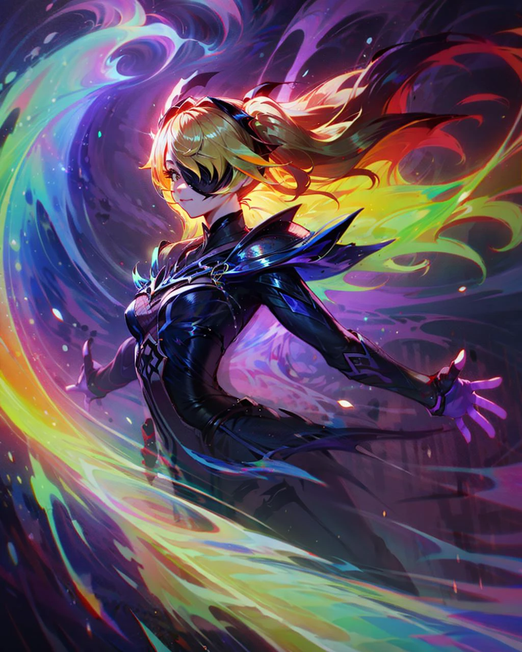 masterpiece, best quality, <lora:higheststyle:0.8>, higheststyle, glowing, multicolored background, <lyco:GoodHands-beta2:1>, <lora:fischl1:0.8> ,fischldef, blonde hair,eyepatch