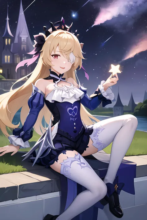 very high quality,the best color anime art,full body,<lora:fischl1-000008:1.0>,fischlein,stars,shooting stars,holding luminous star in his hand,sitting on the bank of the river,a look into the frame,fairy stone castle,(dusk:0.7),(purple fog:0.7),dark blue sky