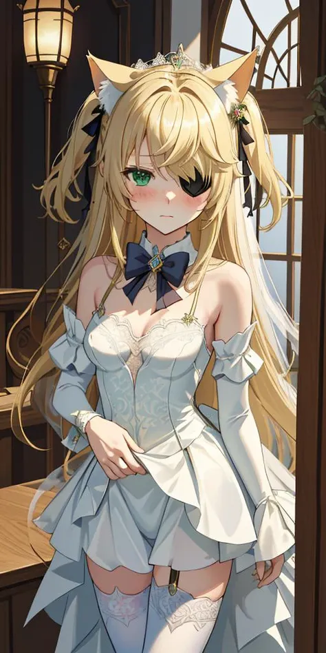 beautiful, masterpiece, best quality, perfect lighting, ((1girl)), extremely deatiled face,
fischl (genshin impact), green eyes, blonde hair, two side up, eyepatch, long hair, hair over one eye, ((small breasts))
blush,
fischldef,
wedding dress, white lace thighhighs, high heels,
cat ears
<lora:fischl1-000008:0.7>