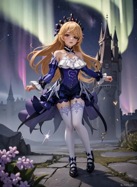 1girl, ultra-realistic, best quality, 8k, RAW photo, intricate details, photorealistic,( fantasy:0.4), (top view:0.5), full body,<lora:fischl1-000008:1>,fischlein, follows the stone road leading from the castle, stars, shooting stars, (large stone castle:0.9), (dusk:0.6), (purple fog:0.6), northern lights, lilac horizon, slim girl, (censored:0.5),
