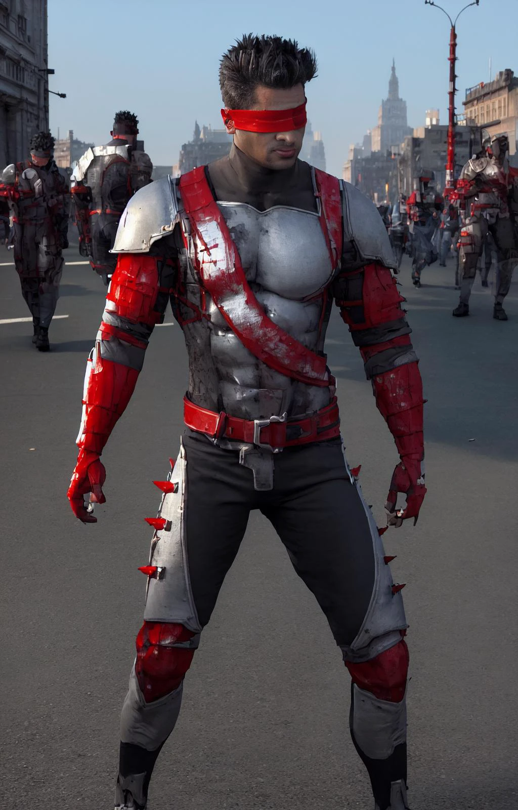 ((best quality)), ((masterpiece)), ((realistic)), (detailed)
<lora:Kenshi_Mugen:0.8> mkenshi, 1boy, bodysuit, black hair, blindfold, armor, spiked hair, short hair, long gloves, in city, belt, medium shot, muscular,