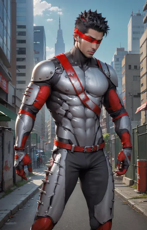 ((best quality)), ((masterpiece)), ((realistic)), (detailed)
<lora:Kenshi_Mugen:0.8> mkenshi, 1boy, bodysuit, black hair, blindfold, armor, spiked hair, short hair, long gloves, in city, belt, medium shot, muscular,