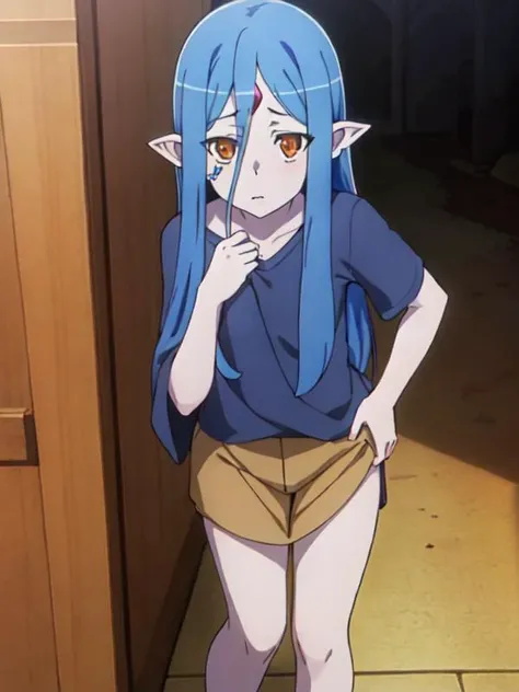 <lora:Wiene:0.6>, solo, wiene, monster girl, blue scales, forehead jewel, blue skin, standing, t-shirt,