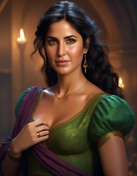 cinematic ((((upper body portrait)))) of Katrina Kaif as a woman, ((dressed as esmeralda from the hunchback of notre dame disney movie)), realistic artwork by greg rutkowski, 4k, 135mm IMAX <lora:Katrina:0.77>