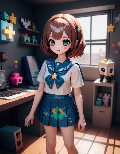 realistic photo of dolla, glossy_skin,
(pixel block girl:1.2), voxel, shaded cubes, pixel art, pixel heart, plug, plus sign, sailor collar, school uniform, serafuku, skirt, solo, star (symbol), star print, white border, window (computing), newest, absurdres, highres,
<lora:dolly-merge-xl_v1:1>
<reference: https://civitai.com/images/6008600>