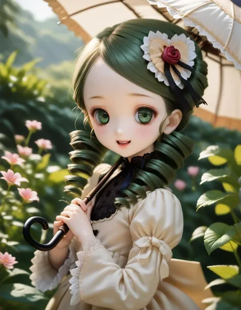 realistic photo of detailed bjd, detailed hair, smooth hair, clean hair,
dolla, 1girl, kanaria, umbrella, drill hair, green hair, green eyes, hair ornament, open mouth, dress, looking at viewer, smile, long sleeves, flower, high quality, late, <lora:kanaria-v1:1>
masterpiece, best quality, absurdres, highres,
<lora:dolly-merge-xl_v1:1.4> <lora:AntiLongTorso_ALTXL_001_4:3>