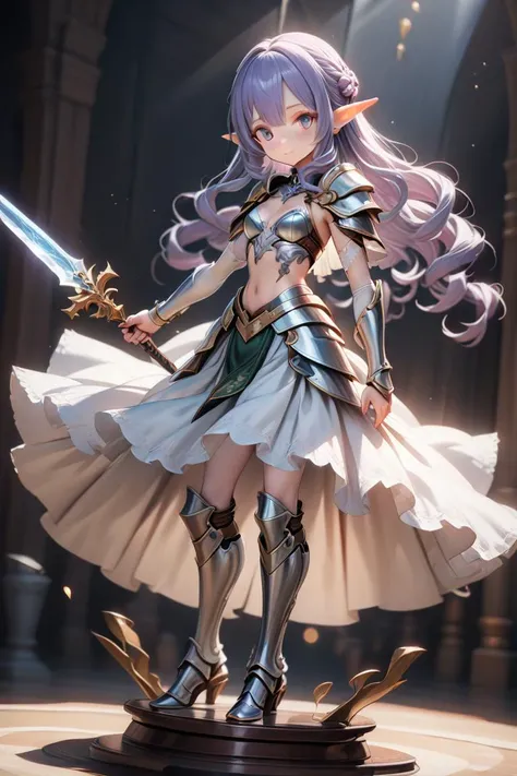 1girl , elf , elf girl , solo , (silver loose curly hair:1) , (small breasts:1) , (dolla:1) , plastic skin , plastic , standing on circle base , gorgeous gown , armored shoulder , holding sword , elbow gloves , armored boots , armored chest , ray tracing , simple background , masterpiece , ultra detailed CG , <lora:dolly-merge-xl_v1:1>
