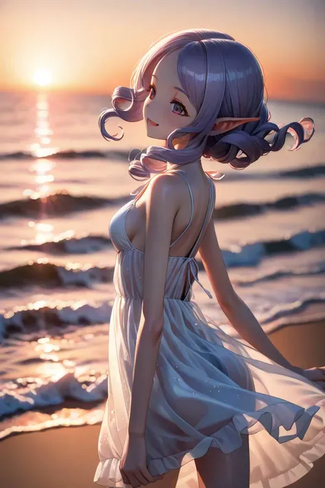1girl , elf , elf girl , solo , (silver loose curly hair:1) , (small breasts:1) , (dolla:1) , plastic skin , plastic , sheer summer dress , running on beach , from back , looking back , happy , see-through , silhouette , sunset , horizon , close up , ray tracing , masterpiece , ultra detailed CG , <lora:dolly-merge-xl_v1:1>