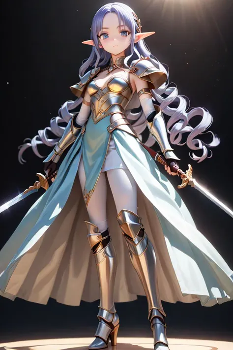 1girl , elf , elf girl , solo , (silver loose curly hair:1) , (small breasts:1) , (dolla:1) , plastic skin , plastic , standing on circle base , gorgeous gown , armored shoulder , holding sword , elbow gloves , armored boots , armored chest , ray tracing , simple background , masterpiece , ultra detailed CG , <lora:dolly-merge-xl_v1:1>