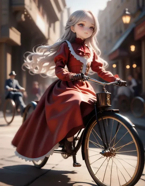 realistic detailed dolla doll face,
detailed hair, smooth hair, 1girl, silver hair, red classic long dress, jabot,
riding on retro bike, Penny-farthing, extra large front wheel ,
masterpiece, best quality,
sharp focus, depth of field, ray tracing, 8k, extremely detailed, absurdres,
<lora:dolly-merge-xl_v1:1.2>