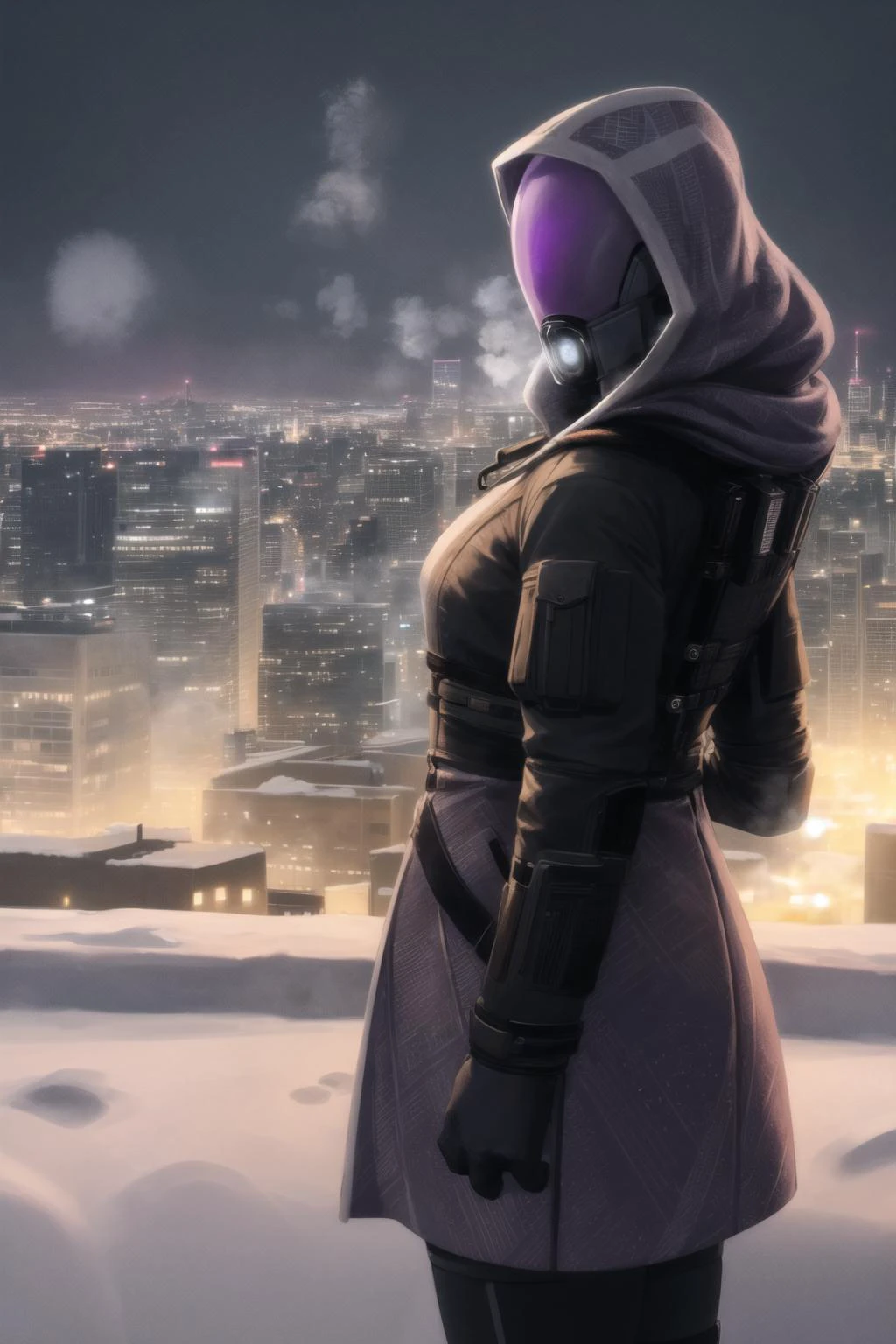 night, cold, winter, snow, coat, steam, city ââof the future in the background, <lora:tali:0.8>, Tali, purple skin, (best quality, 8K)
