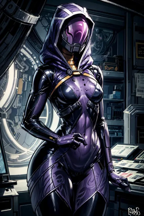 1girl 
tali'zorah mass effect
1girl, solo, alien, hood, bodysuit, breasts, belt, helmet, fewer digits, upper body, medium breasts, colored skin, science fiction, hood up, small breasts, covered face, cowboy shot, glowing, hooded bodysuit, armor, , standing, skin tight, buckle,  black bodysuit, , gloves, indoors, pouch,, a_Comic_Illustration, rough lines by pencil and ink, drawn, sketch, crosshatching, comic style, graphic novel style, sharp lines, hires, zstyle, (western comics \(style\):1.1), hatching \(texture\, zPDXL, Mr_Monster_Possitive