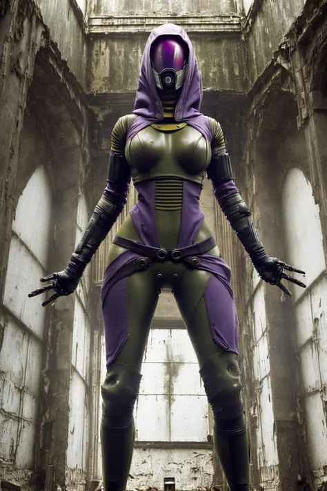 photo of female tali (in a abandoned cathedral:1.0), dirty walls, (skinny:1.4), (sexy:1.1), very tall, leather pants, hood, purple bodysuit, (reflective mask:1.2), (glass mask:1.1), (helmet, faceless), hood up, alien, facing viewer, wide hips, (poor quality photo:1.3), blurry, hdr, hires, intricate, (pronounced feminine features:1.2), (tubes:1.3), <lora:talizorahMassEffect_v1:0.8>