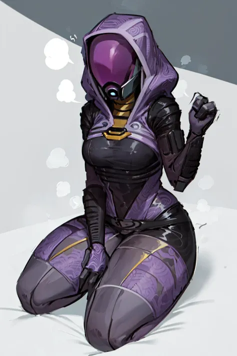 tali, 1girl, solo, hood, purple bodysuit, mask, (helmet, faceless), hood up, alien, inside