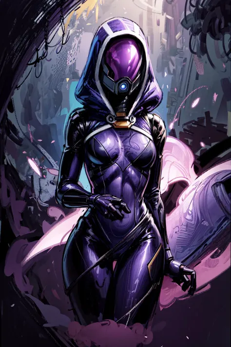 thick outlines, comics, photorealistic, perfect hands, masterpiece:1.2, spaceship inside, 1 girl, solo, <lora:tali:0.8>, hood, purple bodysuit, mask, (helmet, faceless), hood up, alien, small breast, detailed background, detailed face, detailed eyes, <lora:add_detail:0.8>