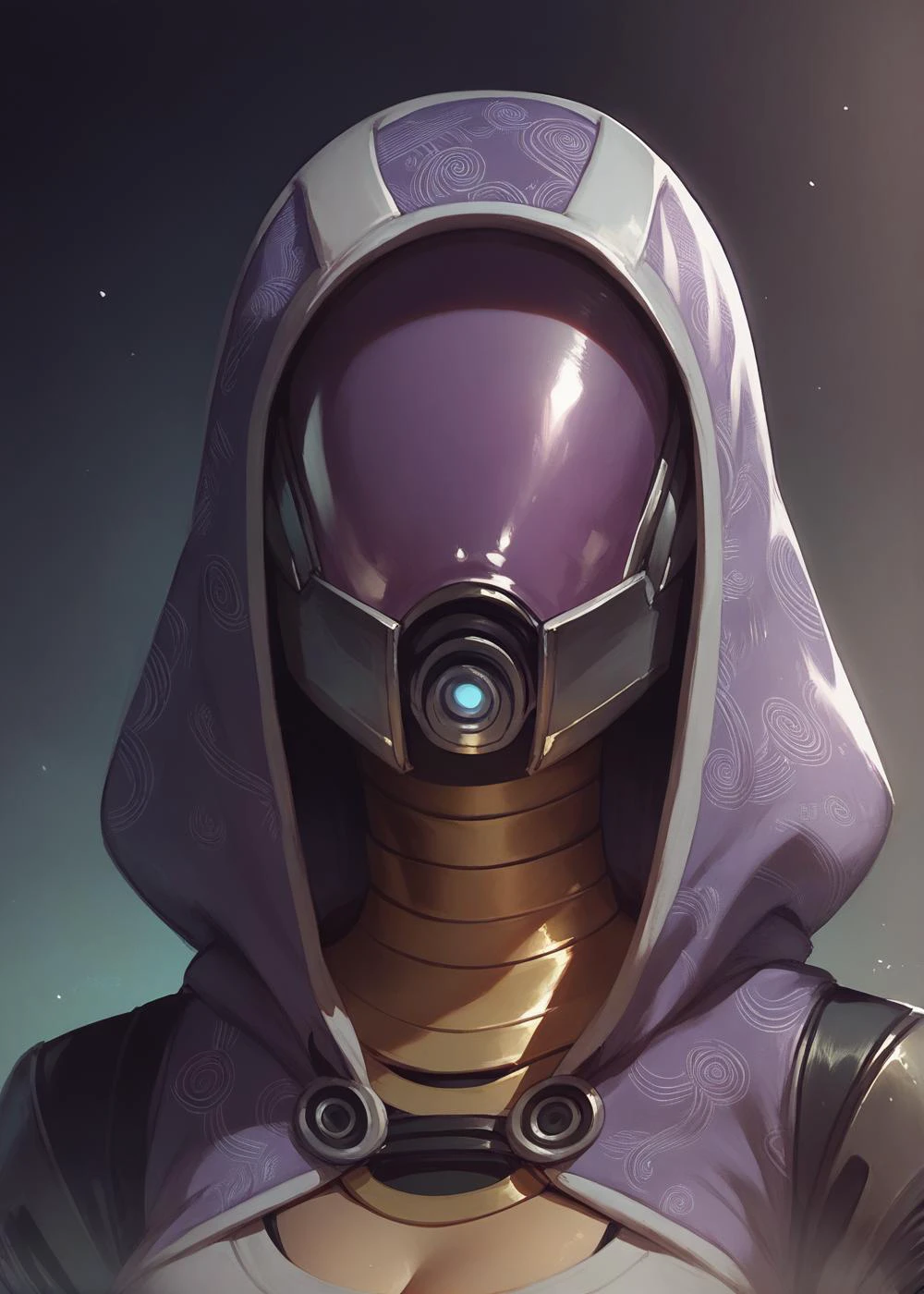 portrait, tali, female, clothing, alien, hood, mask, solo, quarian, humanoid, upper body, covered face, helmet, dark background,<lora:talizorah_pdxl_:0.8>, <lora:Concept Art Twilight Style SDXL_LoRA_Pony Diffusion V6 XL:0.7>, score_9, score_8_up, score_7_up, score_6_up, perfect hands, <lora:Perfect Hands v2:1>