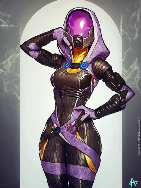 <lora:talizorah_pdxl_:1> score_9, score_8_up, score_7_up, score_6_up, score_5_up, score_4_up, source_furry, by aqe, tali, tali'zorah, alien, alien humanoid, humanoid, quarian, 3 fingers, armor, black clothing, bodysuit, clothed, clothing, female, fingers, headgear, helmet, hood, not furry, detailed background, spacecraft, skinsuit, solo, tight clothing, hand on hip, pose, pose, cute pose, pinup, wide hips, medium breasts,