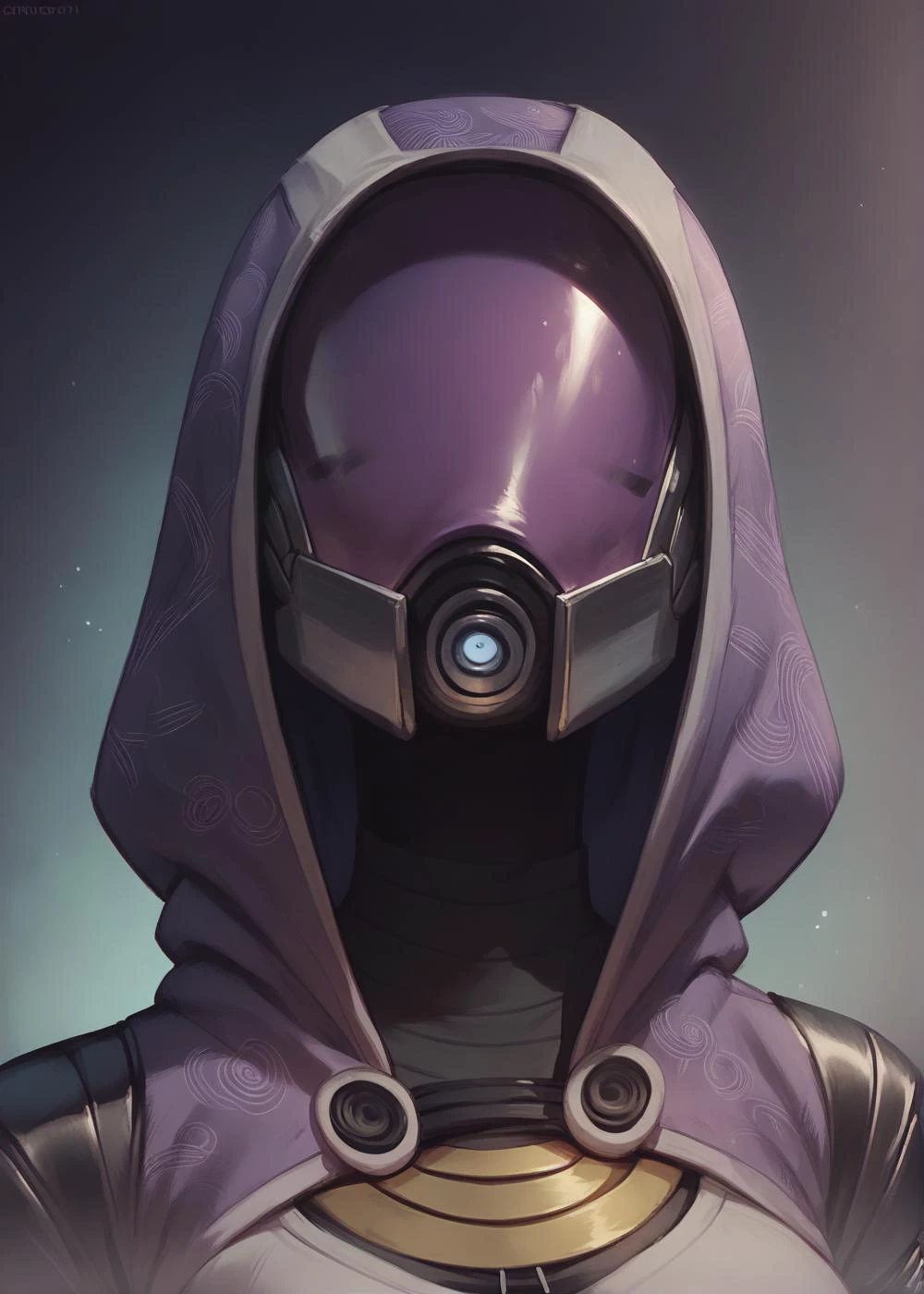 portrait, tali, female, clothing, alien, hood, mask, solo, quarian, humanoid, upper body, covered face, helmet, dark background,<lora:talizorah_pdxl_:0.8>, <lora:Concept Art Twilight Style SDXL_LoRA_Pony Diffusion V6 XL:0.7>, score_9, score_8_up, score_7_up, score_6_up, perfect hands, <lora:Perfect Hands v2:1>